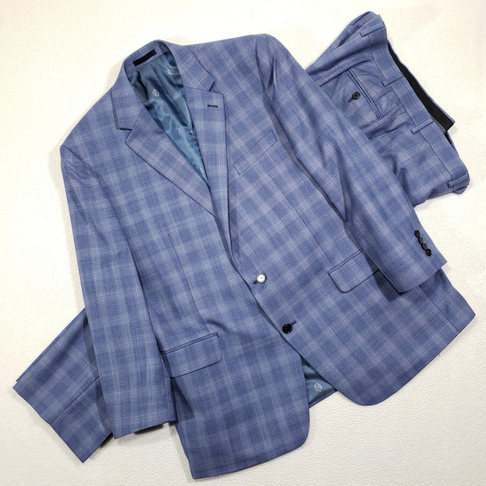 Lauren Ralph Lauren 2-Piece Suit Mens 46L 44x30 Blue Plaid Wool Blend Stretch